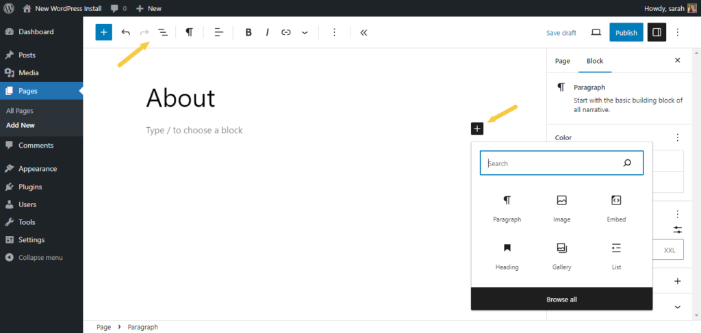 Image showing the page in wordpress side bar