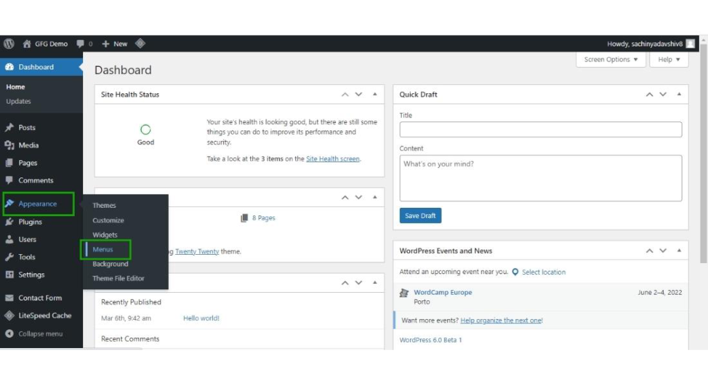 Image showing menu set up in wordpress bar